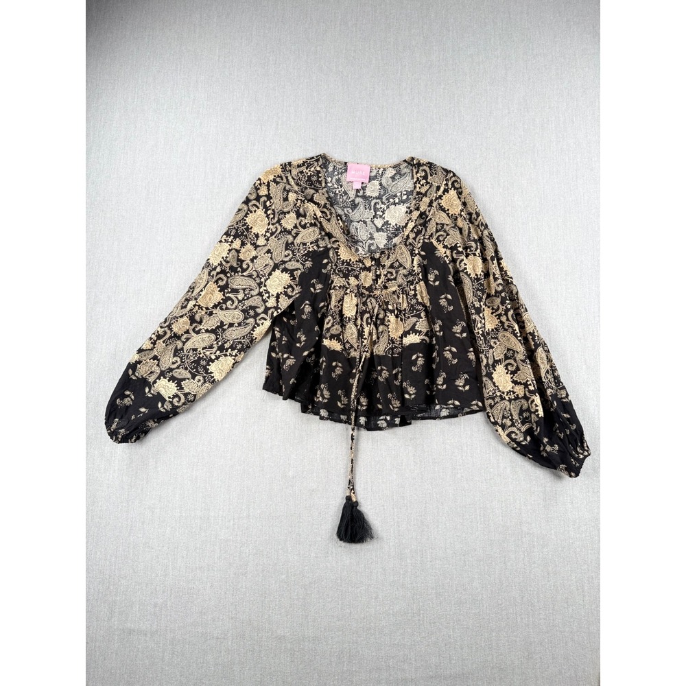Muse Republic Clothing Womens Small Paisley Floral Tassel Tie Boho Blouse Black